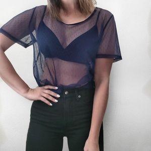 Fossil Brand Sheer Swiss Dot Short Sleeve Top